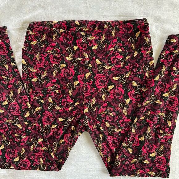 LuLaRoe TC Bees Roses Leggings Plus Size - Picture 1 of 7